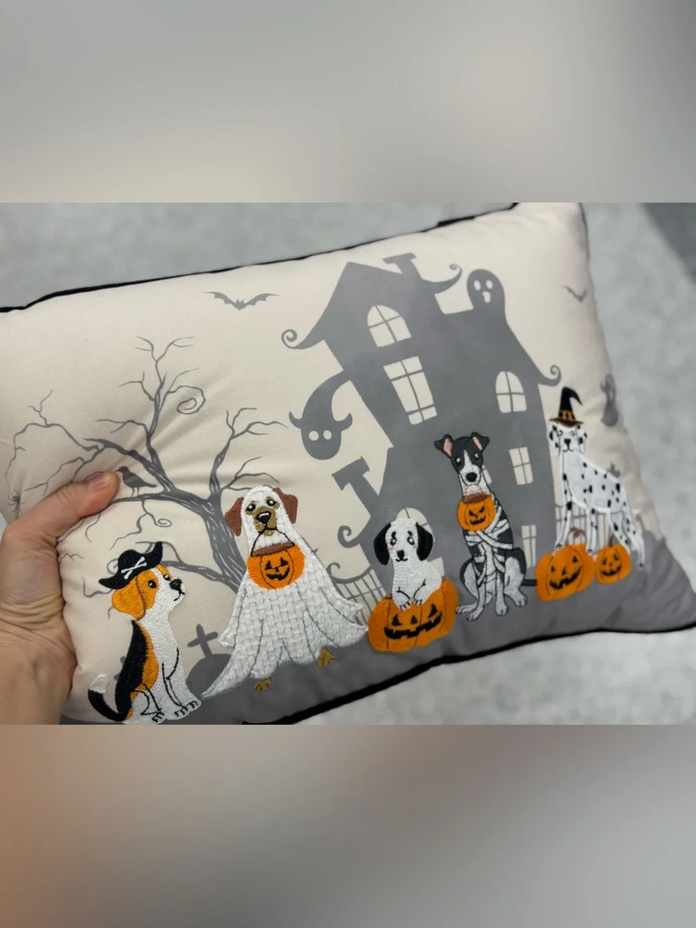Halloween Dog Print Decorative Pillow - Cream and Gray